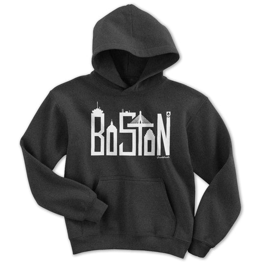 Boston Team Skyline White Letters Youth Hoodie - Chowdaheadz