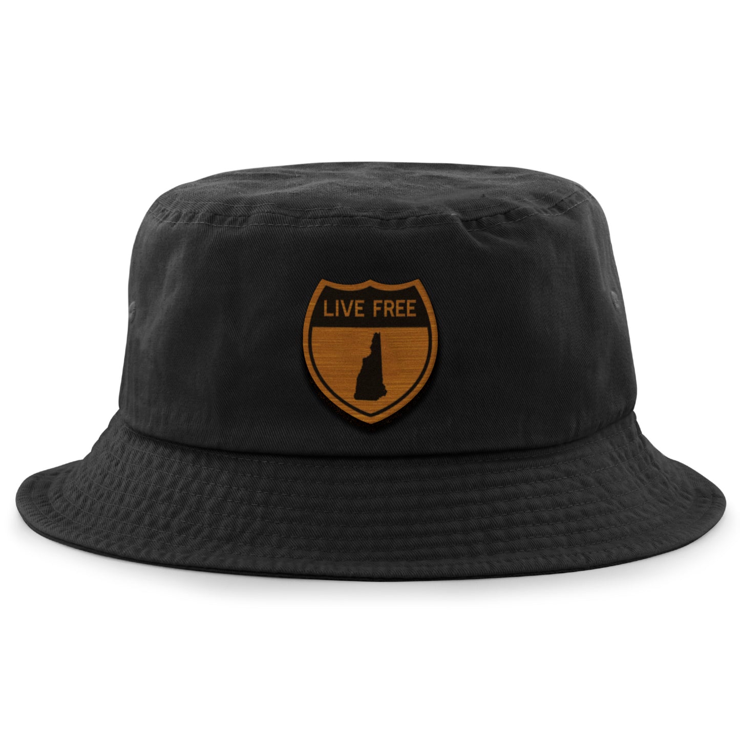 Live Free New Hampshire Road Sign Wood Grain Patch Bucket Hat