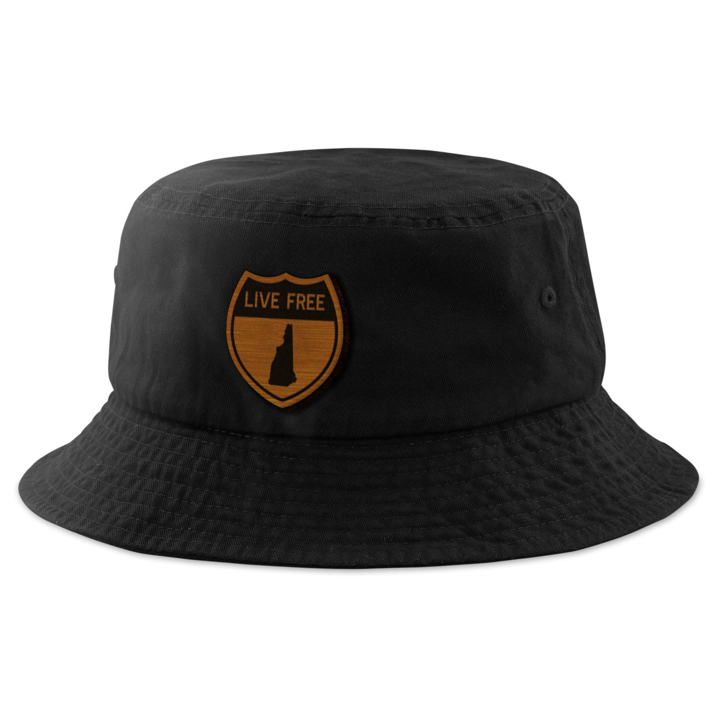 Live Free New Hampshire Road Sign Wood Grain Patch Bucket Hat