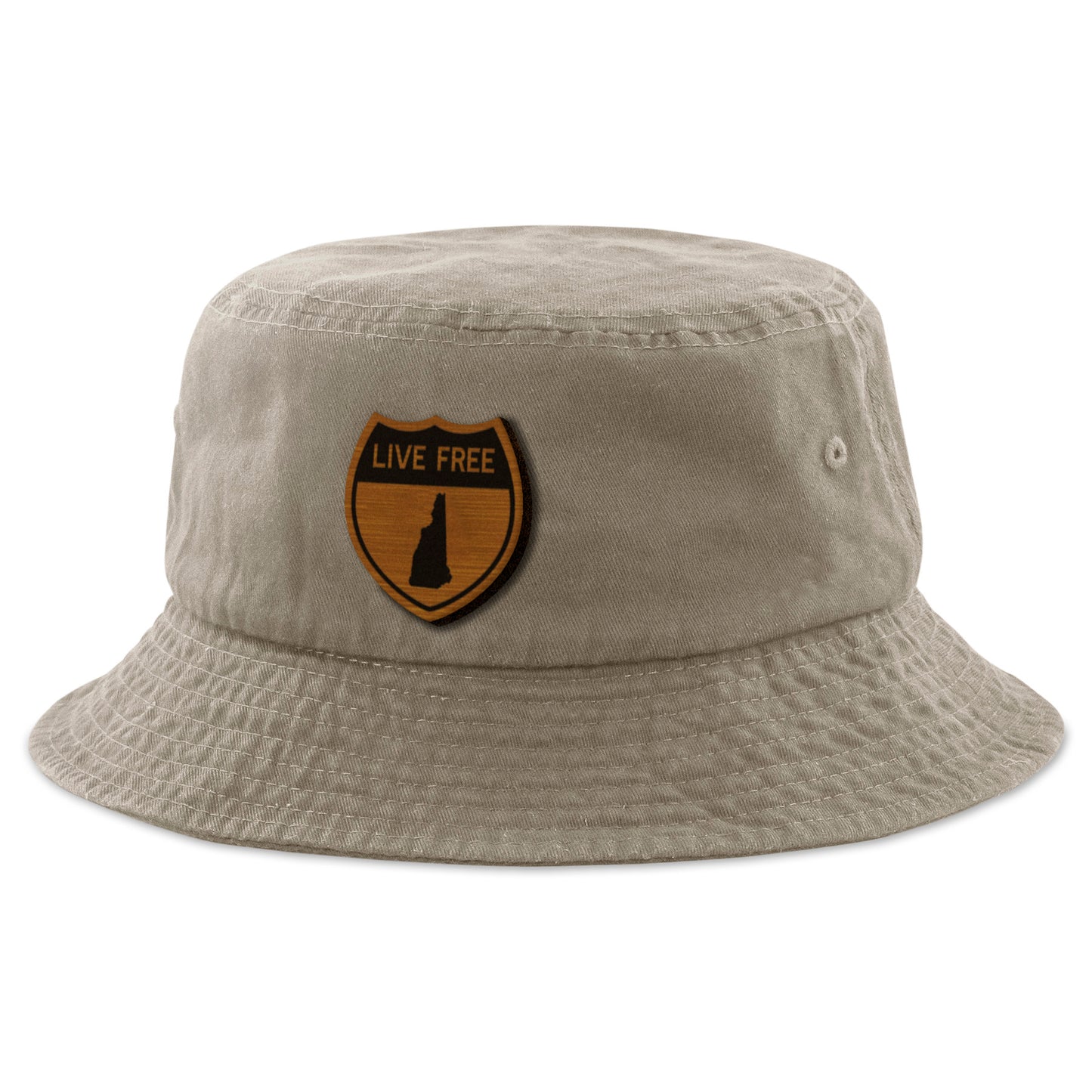 Live Free New Hampshire Road Sign Wood Grain Patch Bucket Hat