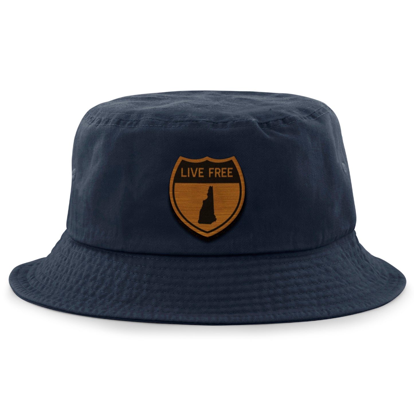 Live Free New Hampshire Road Sign Wood Grain Patch Bucket Hat