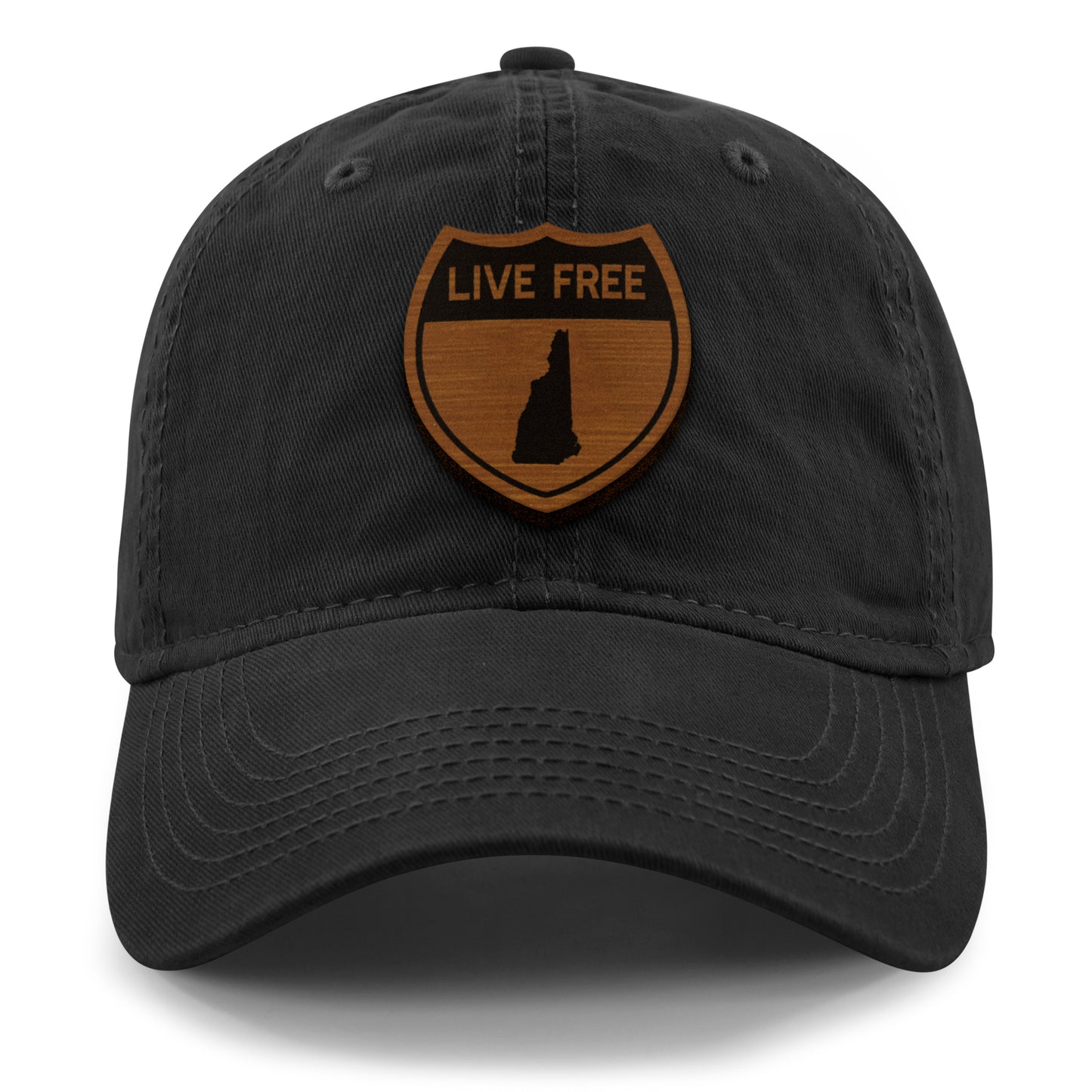 Live Free New Hampshire Road Sign Wood Grain Patch Dad Hat