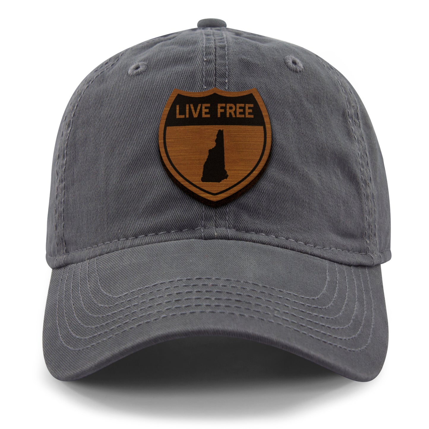 Live Free New Hampshire Road Sign Wood Grain Patch Dad Hat