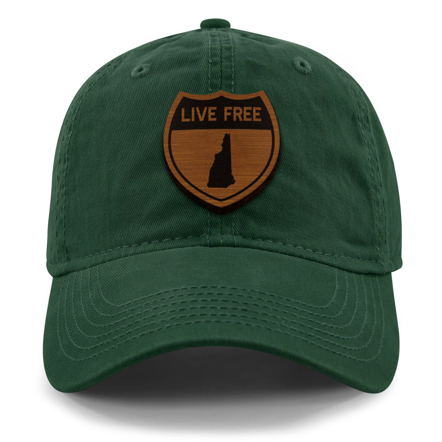 Live Free New Hampshire Road Sign Wood Grain Patch Dad Hat