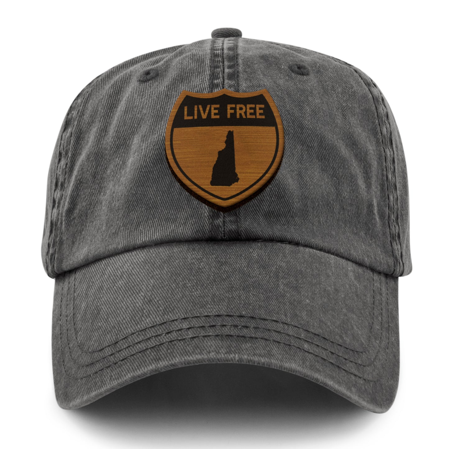 Live Free New Hampshire Road Sign Wood Grain Washed Dad Hat