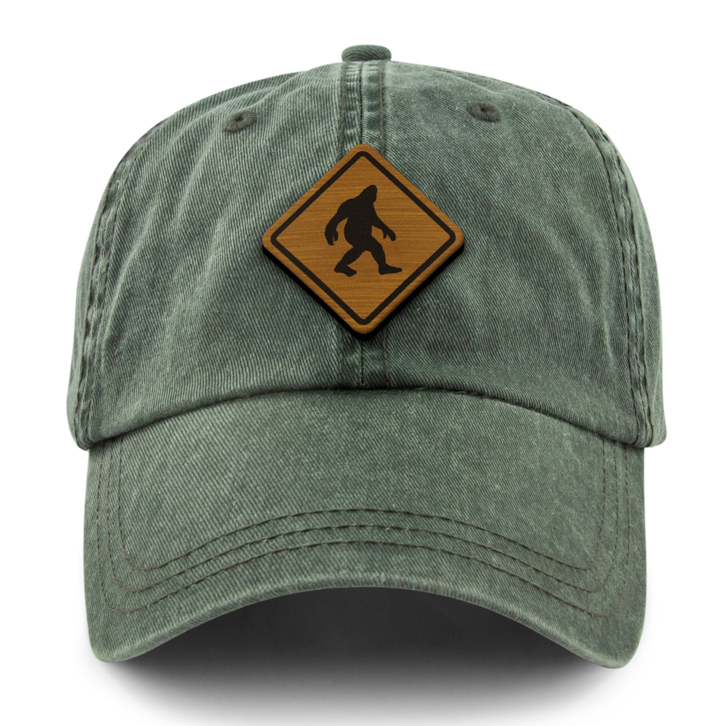 Bigfoot Crossing Sign Wood Grain Washed Dad Hat