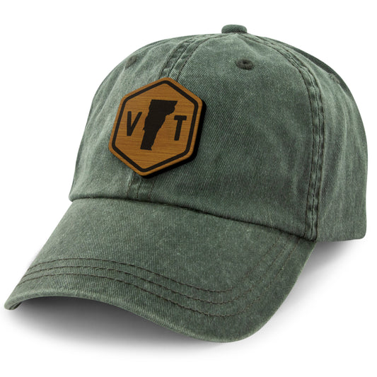 Vermont State Sign Wood Grain Patch Washed Dad Hat